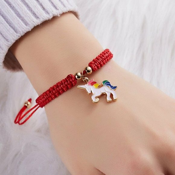 Rainbow Unicorn Gold Charm Red Rope Bracelet Party Gift - Picture 2 of 5